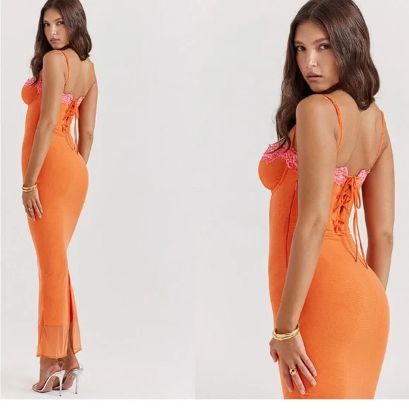 open lace back dress House of CB Aiza Flame Orange Dress Hire Melbourne